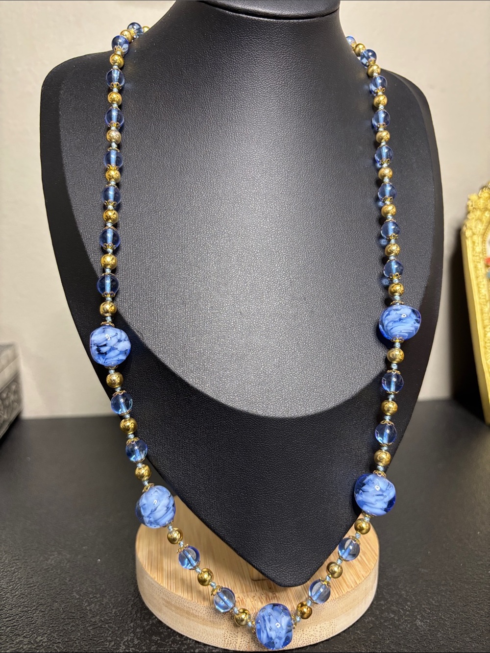 Vintage Elegant Blue Glass Gold Beaded Long Necklace Jewelry